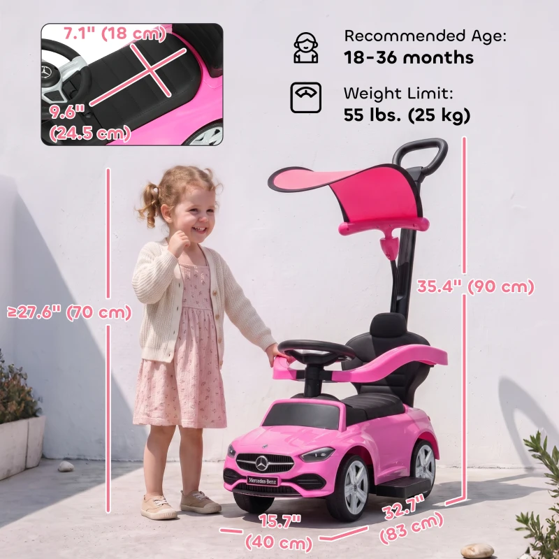 Qaba 3 in 1 Toddler Push Car Licensed Mercedes-Benz with Push Handle, Canopy, Guardrails, Horn, Music for 18-36 Months, Pink