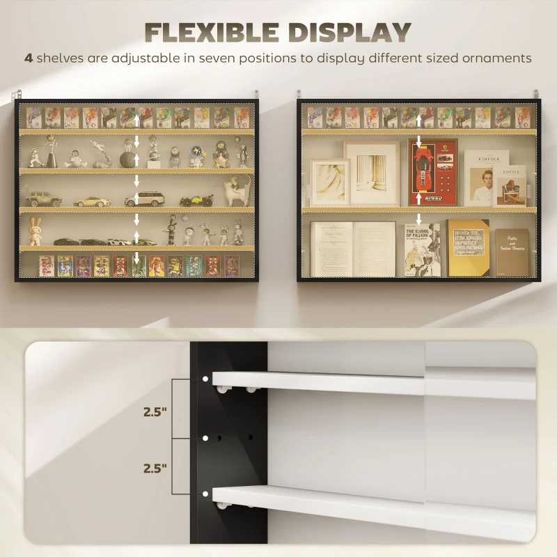 HOMCOM 5-Tier Display Cabinet, Wall-Mounted Display Case with 2 Glass Doors and Adjustable Shelves, Black