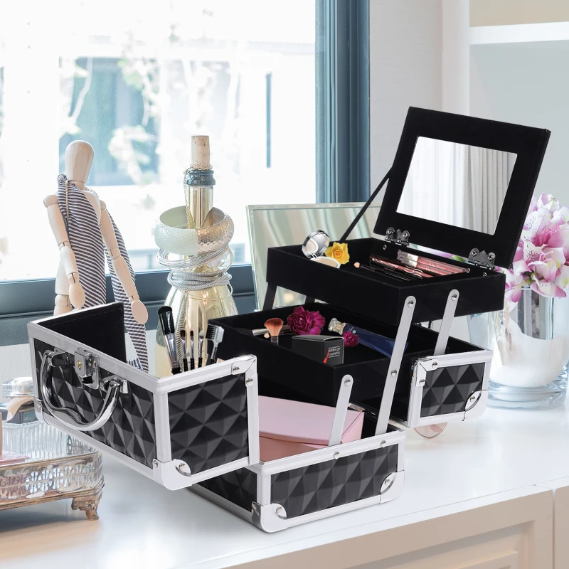 HOMCOM 3 Tier Diamond Texture Makeup Train Case Cosmetic Organizer with Mirror, Black