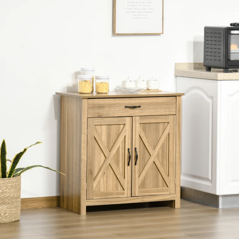 HOMCOM Farmhouse Sideboard Cabinet with Barn Doors Kitchen Buffet Cabinet with Drawer and Adjustable Shelf Stone Natural