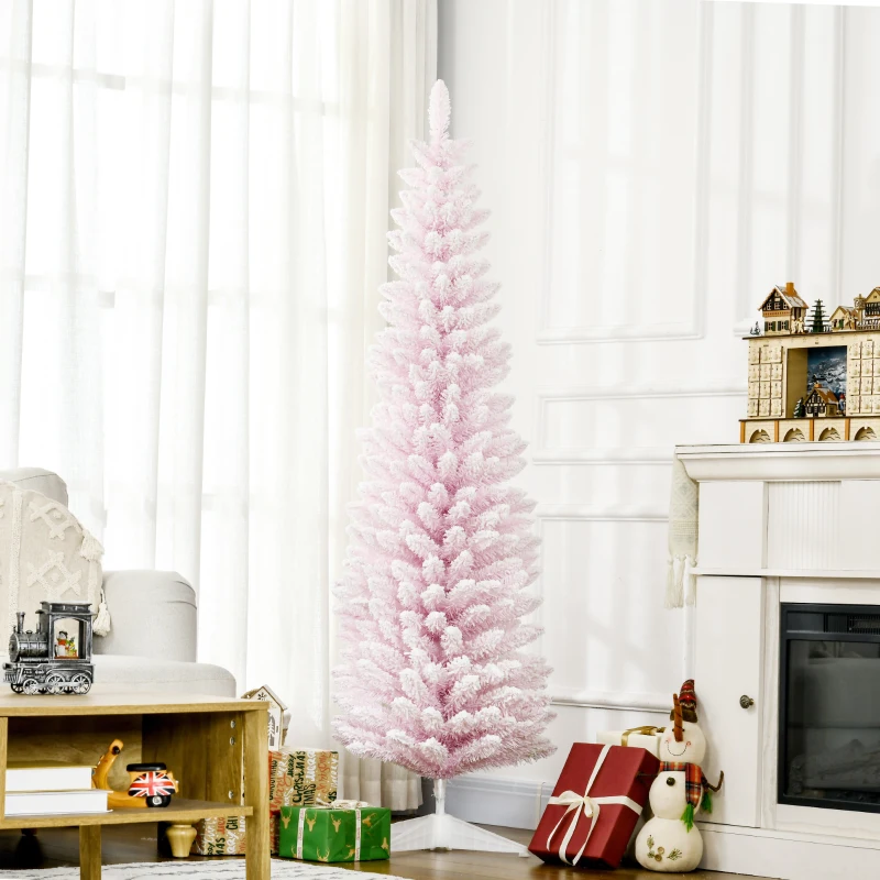 HOMCOM 6' Unlit Snow Flocked Slim Christmas Tree, Pink