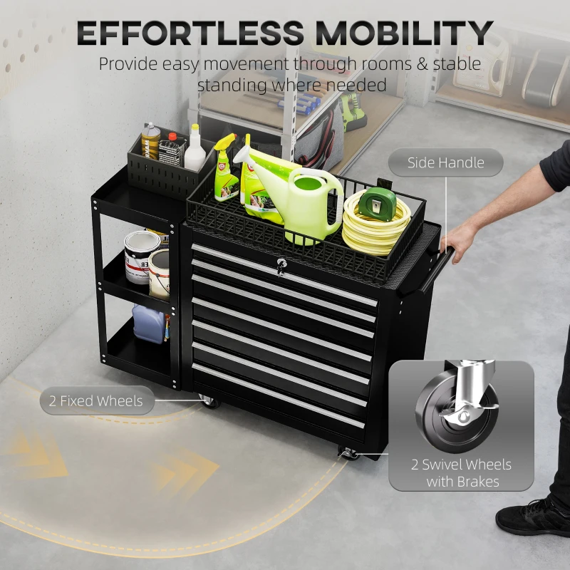 HOMCOM 7-Drawer Rolling Tool Chest with Detachable Side Shelf, Lockable Tool Cabinet Box Organizer with Wheels, Black