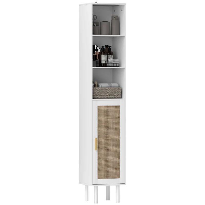 HOMCOM Tall Bathroom Cabinet with Rattan Doors, Freestanding Bathroom Storage Cabinet with Adjustable Shelves, White