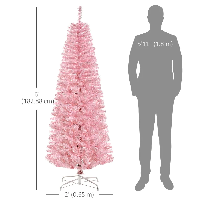 HOMCOM 6FT Pop-up Artificial Christmas Tree Holiday Xmas Holiday Pencil Tree Decoration with Automatic Open for Home Party, Pink