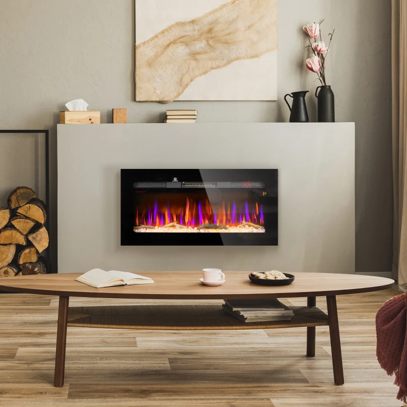 HOMCOM 36" Recessed or Wall Mounted Electric Fireplace Heater with Remote Control, Adjustable Flame Color and Brightness