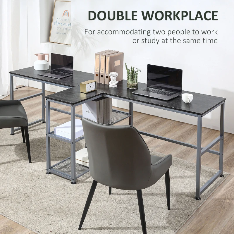 HOMCOM 83" Two Person Computer Desk with 2 Storage Shelves, Double Desk Workstation with Book Shelf, Long Desk Table, Black