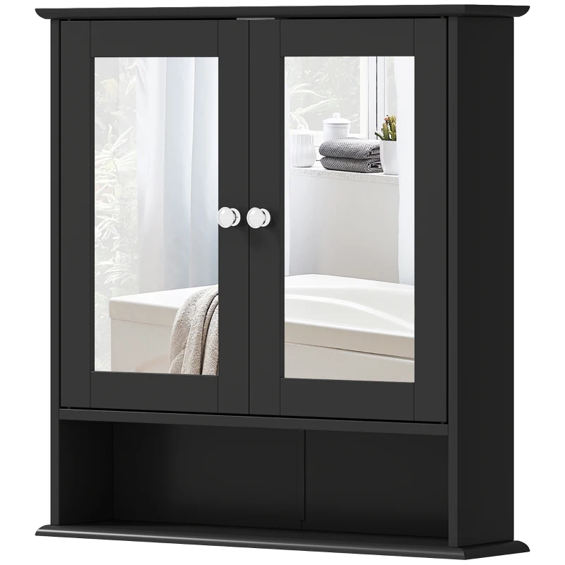 kleankin Medicine Cabinet, Wall-Mounted Medicine Cabinet with Mirror with Double Doors, Open Shelf, and Adjustable Shelf, Modern Bathroom Wall Cabinet, Black
