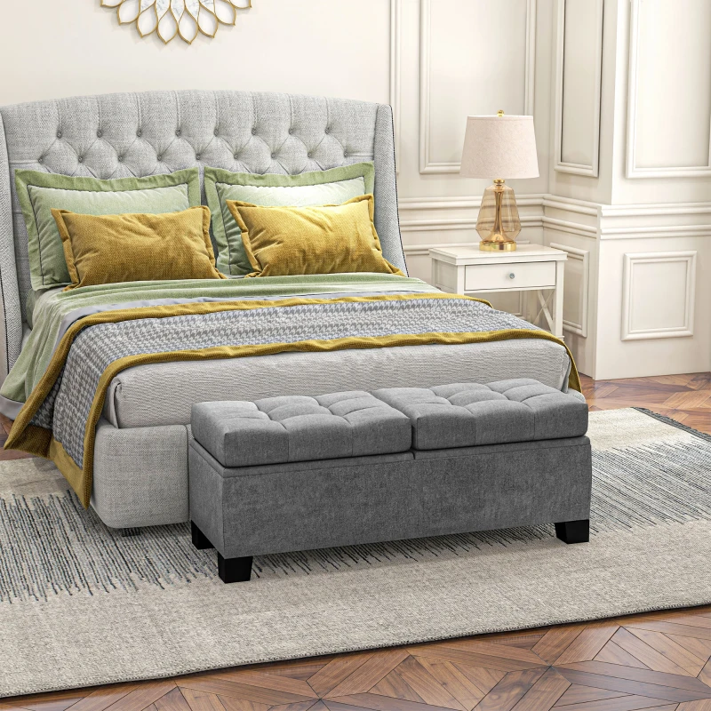 HOMCOM 46" Storage Ottoman Bench, Upholstered End of Bed Bench with Steel Frame, Button Tufted Storage Bench with Safety Hinges for Living Room, Entryway, Bedroom, Gray