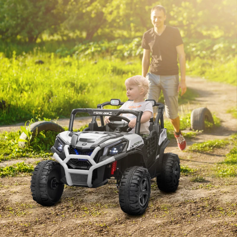 Qaba 2 Seater 24V Kids Electric Car w/ Remote Control, 3 Speed, LED Lights, Music, Horn, Spring Suspension, Slow Start, White