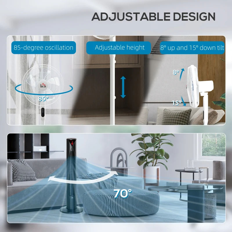 HOMCOM Tower Fan and 16" Pedestal Fan Set, with Remote Control, Height Adjustable, Tilted Head, Timer, Oscillating Standing Fan, Stand Floor Fans for Bedroom, White