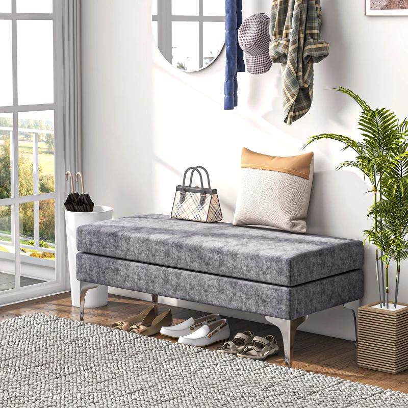 HOMCOM 48 Inches Upholstered Bedroom Bench, Modern End of Bed Bench with Double Layer Seat Cushions and Steel Legs, Dark Gray