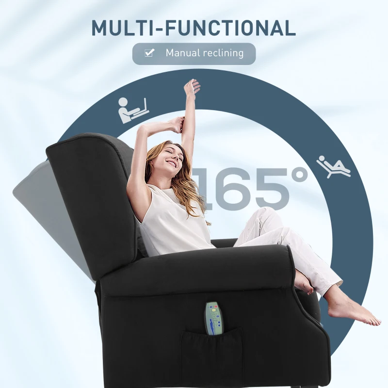 HOMCOM Vibration Massage Recliner Chair for Living Room with Heat,  Wingback Single Sofa, Modern Suede Fabric Push Back Reclining Chair with Footrest, Side Pocket, Black