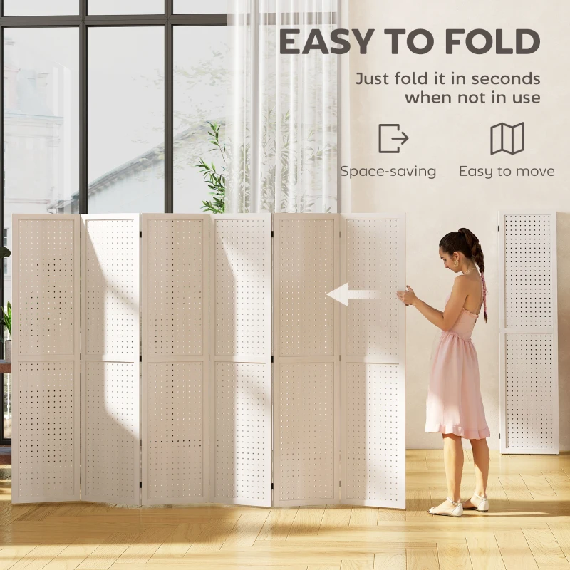 HOMCOM 5.6 Ft. Tall 6-Panel Room Divider, Pegboard Panel Folding Privacy Screen, Partition Wall Divider for Bedroom, White