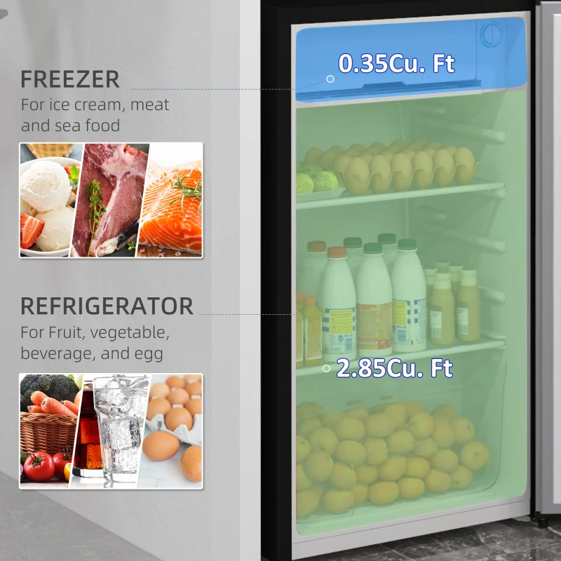 HOMCOM Compact Refrigerator, Mini Fridge with Freezer, Adjustable Shelf, Mechanical Thermostat and Reversible Door, Silver