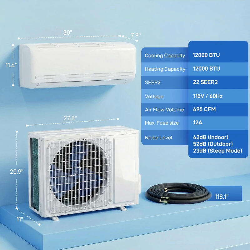 HOMCOM 12000 BTU Mini Split Air Conditioner, 22 SEER2 115V Inverter AC Unit Cools up to 750 Sq.Ft, Complete Installation Kit