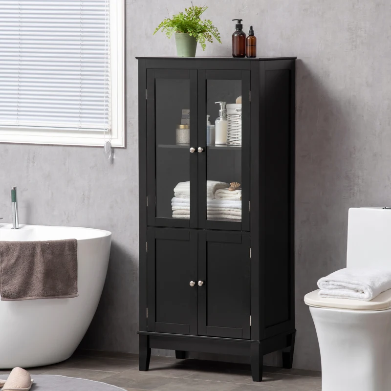 kleankin Bathroom Floor Cabinet with 2 Storage Cabinets, Tempered Glass Door, Freestanding Linen Tower with Adjustable Shelves for Living Room, Black