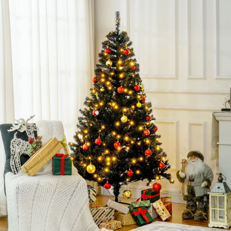 HOMCOM 6 FT Tall PreLit Artificial Christmas Tree with Realistic Branches, 250 Warm White LED Lights and 1000 Tips, Black