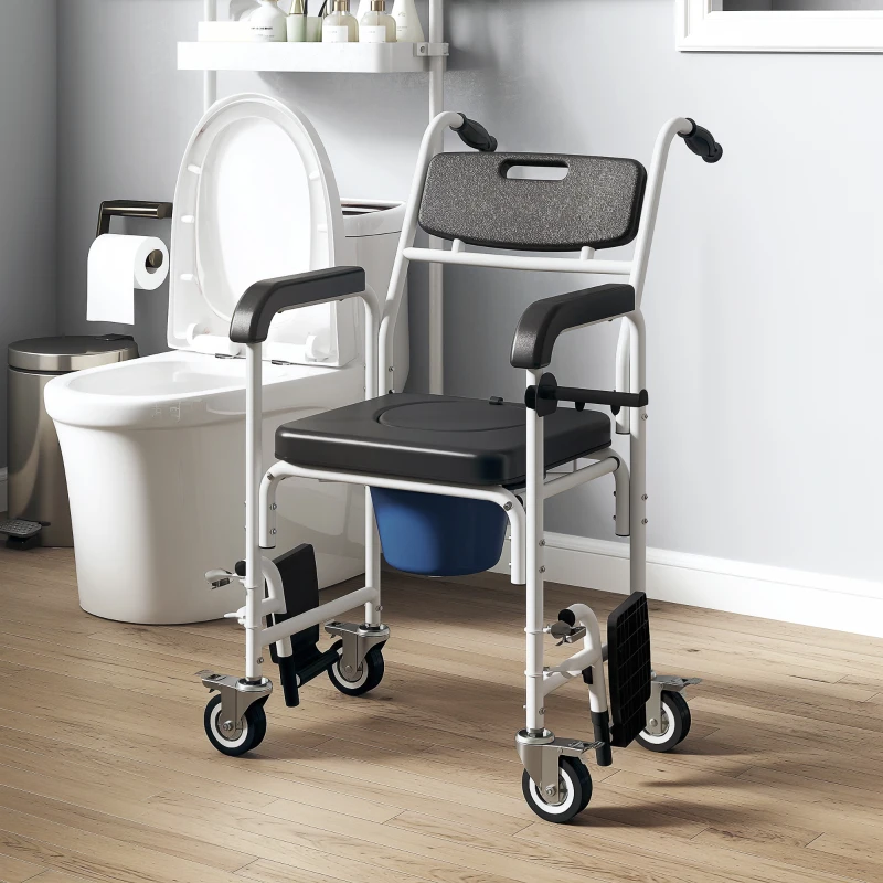 HOMCOM Rolling Shower Wheelchair for Seniors, Bedside Commode Chair with Locking Wheels, Seat, Backrest, Arms, Black