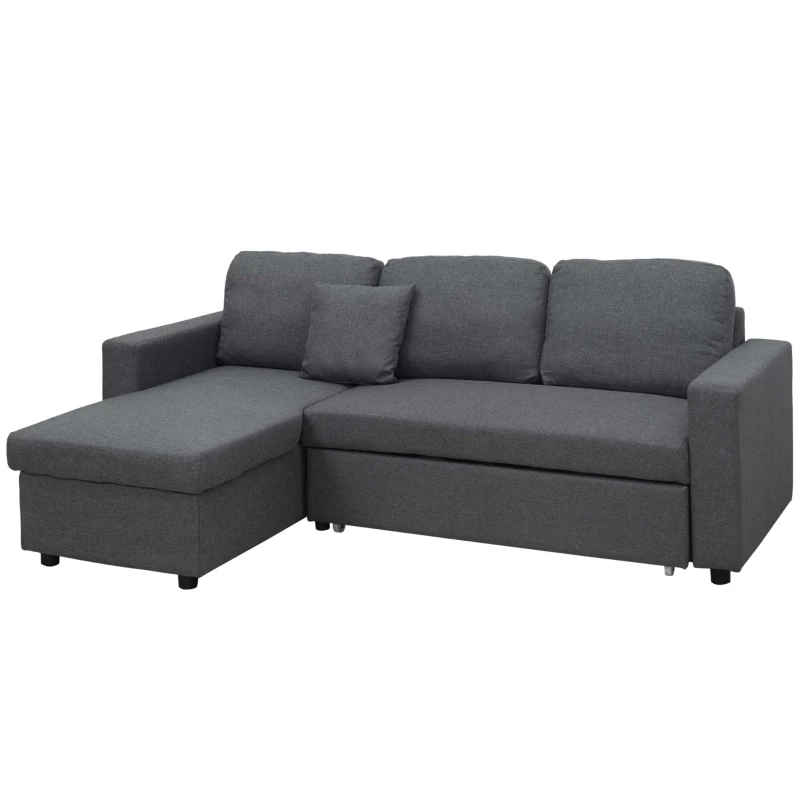 HOMCOM Sectional Sofa Bed, L-Shaped Loveseat Reversible Sleeper Sofa with Pull Out Couch Bed, Storage Chaise, Cushions, Linen Feel Fabric Futon Sofa Bed for Living Room, Dark Gray 89.75"
