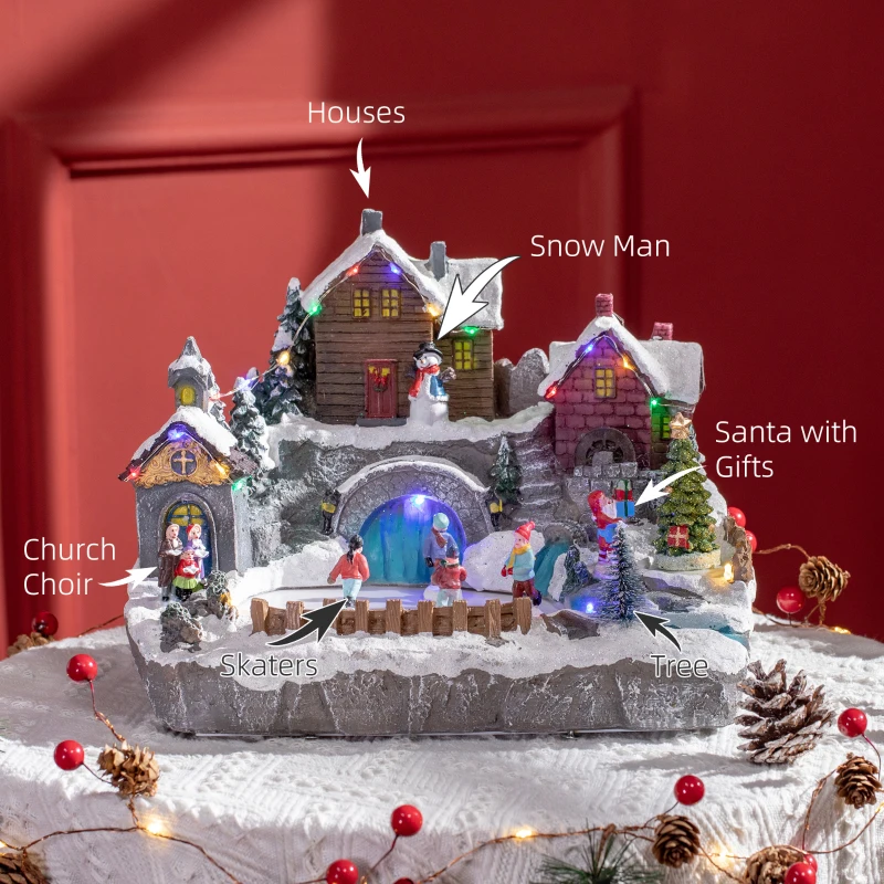 HOMCOM Christmas Village, Skating Pond Animated Winter Wonderland Set with Multicolored LED Light, Plug-In Christmas Decoration