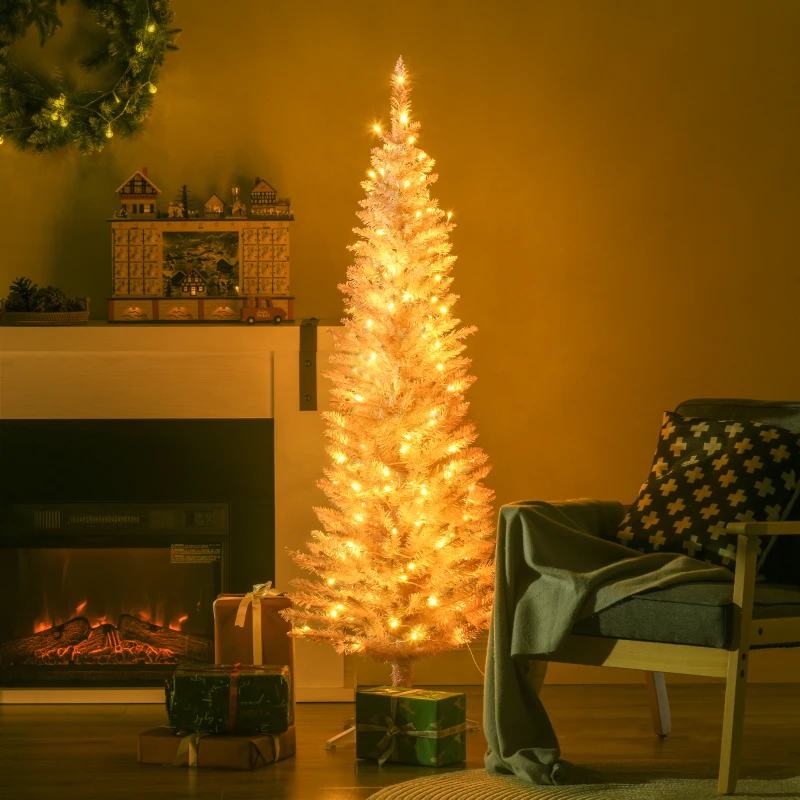 HOMCOM 5ft Pencil Christmas Tree, Slim Artificial Christmas Tree with Realistic Branches and Warm White LED Lights, Pink