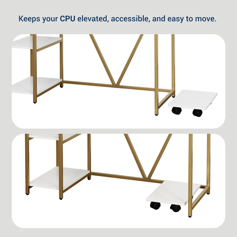 Industrial Writing Desk with Elevated Hutch Shelf and CPU Caddy, Modern Computer Table for Home Office, 46.5" L x 19" W x 34" H, Gold