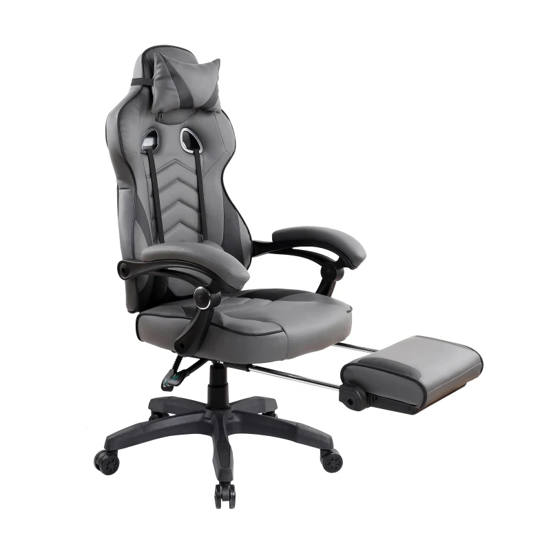 Comforting Executive Chair with Extending Footrest and Headrest Pillow, Ergonomic Office Chair for Gaming Rooms, 28″ L x 27″ W x 48.5″ H, Gray