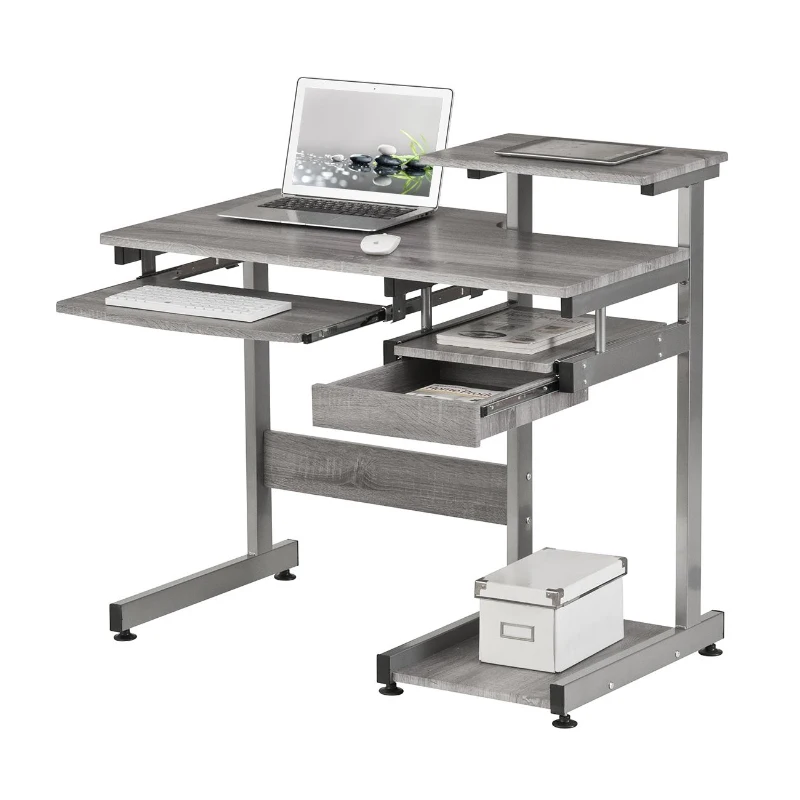 Practical Computer Desk with Slide-Out Keyboard Tray and Elevated Shelf, Ideal Workstation Table for Offices, Bedrooms, 38″ L x 22″ W x 35″ H, Gray