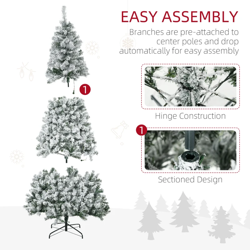 HOMCOM 7.5' Prelit Artificial Flocked Christmas Trees, with Snow Frosted Branches, Warm White LED Lights, Auto Open