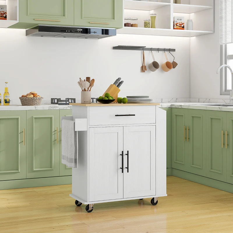 HOMCOM Rolling Island with Wheels for Kitchen, Kitchen Island on Rollers with Power Outlets, Drawer, and Doors, White