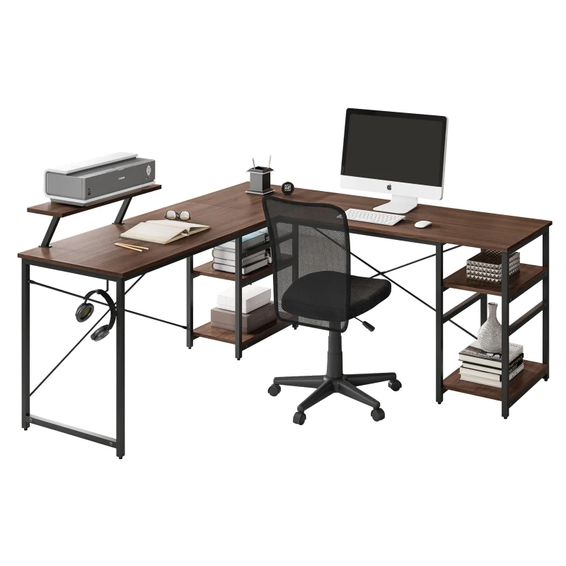 Industrial L-Shaped Desk with Raised Monitor Stand and Open Shelves, Modern Corner Computer Workstation for Home Office, 59" L x 59" W x 35" H, Walnut