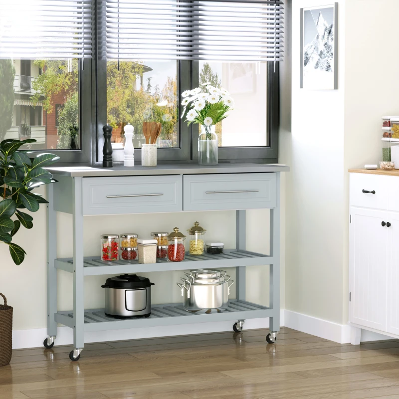 HOMCOM Kitchen Island with Stainless Steel Top, Traditional Kitchen Island with Storage, Butcher Block Cart 2-Tier Open Shelves, Drawers, Light Gray