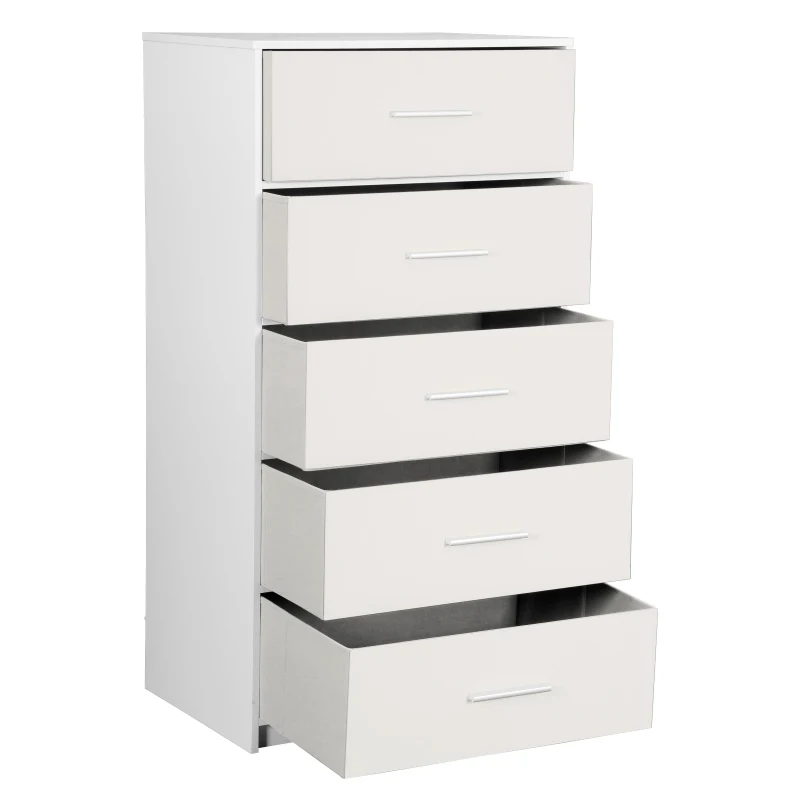 Spacious 5-Drawer Dresser with Water-Resistant Top, Ideal Storage Chest for Bedrooms, Playrooms, Entryways, 22.5" L x 15.5" W x 43" H, White
