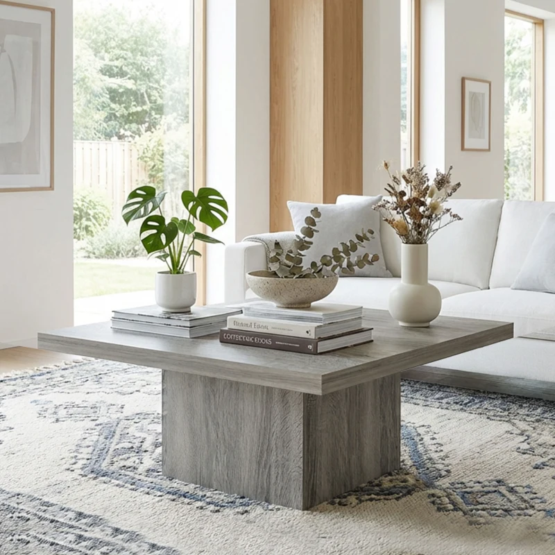 HOMCOM Square Coffee Table, Center Table with 1.6" Thick Tabletop, Gray Wood Grain