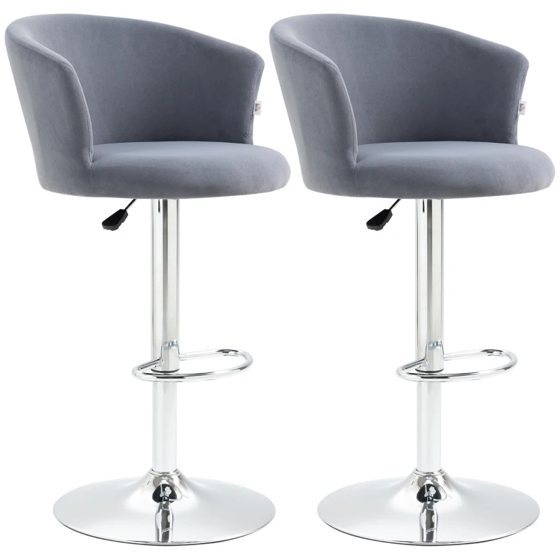 HOMCOM Adjustable Bar Stools Set of 2, Velvet Upholstered Kitchen Stool, Swivel Counter Height Barstool with Footrest for Dining Room, ‎Grey