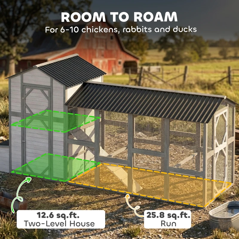 PawHut 147" Extra Large Chicken Coop, Wooden Hen House for 8-10 Hens, Outdoor Chicken House Poultry Hutch with Run, Gray