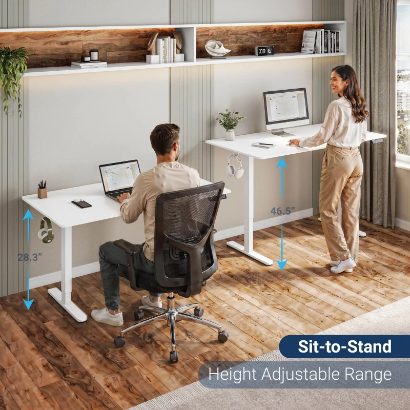 Sleek Electric Standing Desk with Memory Presets and Hooks, Height Adjustable Sit to Stand Computer Desk for Home Office, 47.5'' L x 23.5'' W x 28'' H, White