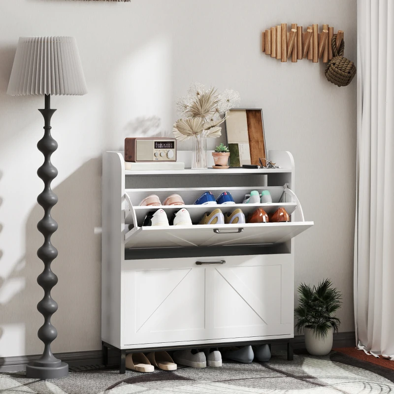 HOMCOM Shoe Cabinet Organizer with 2 Flip Drawers, Legs, Narrow Shoe Storage Cabinet for Entryway, Hallway, White