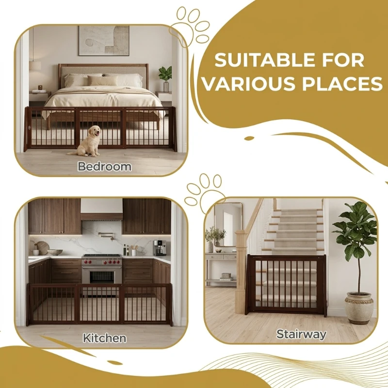 PawHut 28"-75" Freestanding Wooden Pet Gate with Support Feet & Non-Slip Mats for Indoor, Stairway, Doorway, Brown