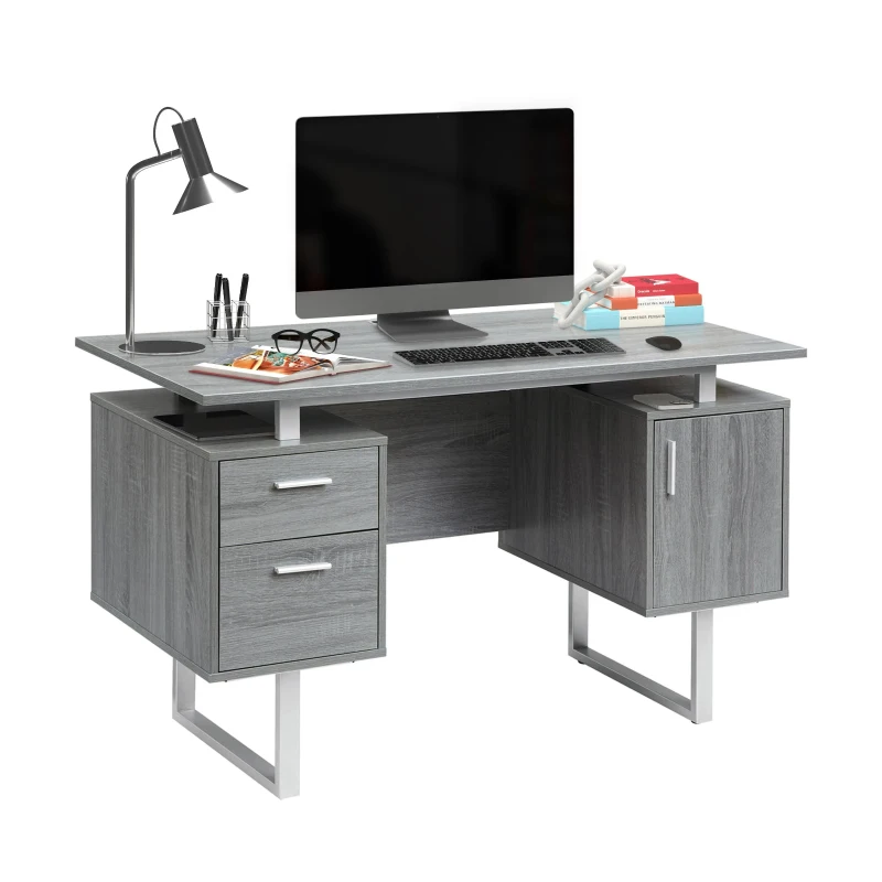 Modern White Desk with 2 Storage Drawers and Cabinet, Sleek Floating Desktop Computer Writing Table for Home Office, 51" L x 23.5" W x 30" H, Grey