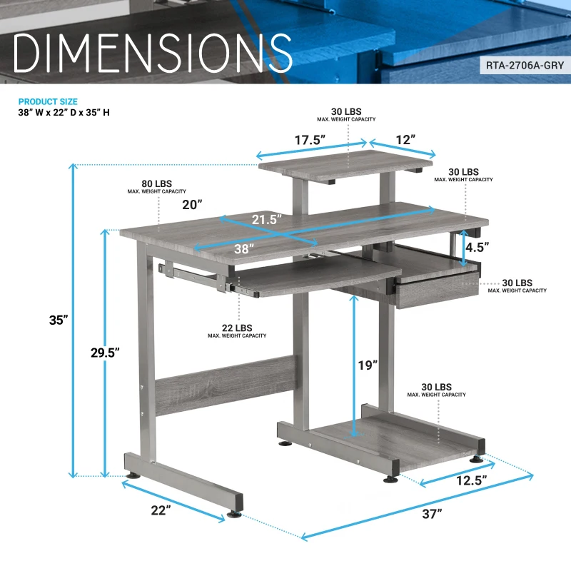 Practical Computer Desk with Slide-Out Keyboard Tray and Elevated Shelf, Ideal Workstation Table for Offices, Bedrooms, 38″ L x 22″ W x 35″ H, Gray