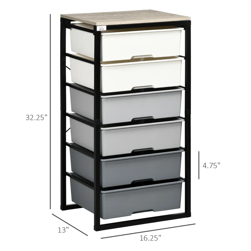HOMCOM Dresser Storage Drawers with 6 Plastic Bins and Steel Frame, Crafting Bins for Living Room, Bedroom, Gray
