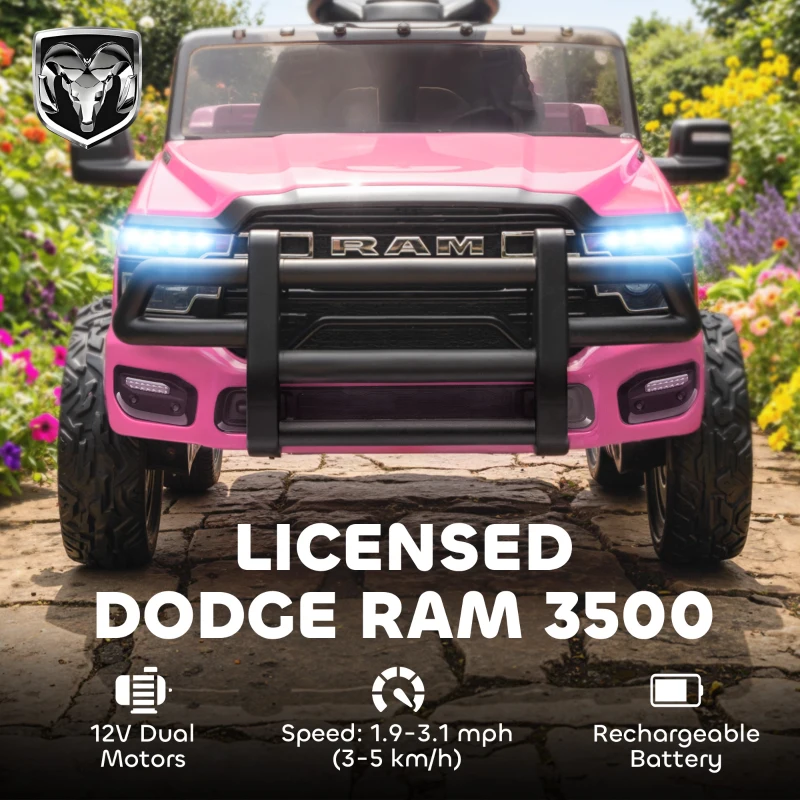 Qaba 12V Kids Ride on Car, Licensed Dodge RAM 3500 Ride on Toys with Dual Motors, Remote Control for Toddlers, Pink