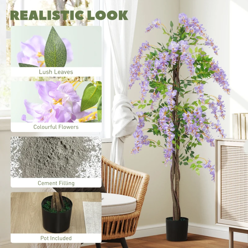 HOMCOM 5.9FT Fake Wisteria Tree with Natural Wood Trunk, Artificial Plant in Nursery Pot, Greenery Tall Faux Floor Plant Purple