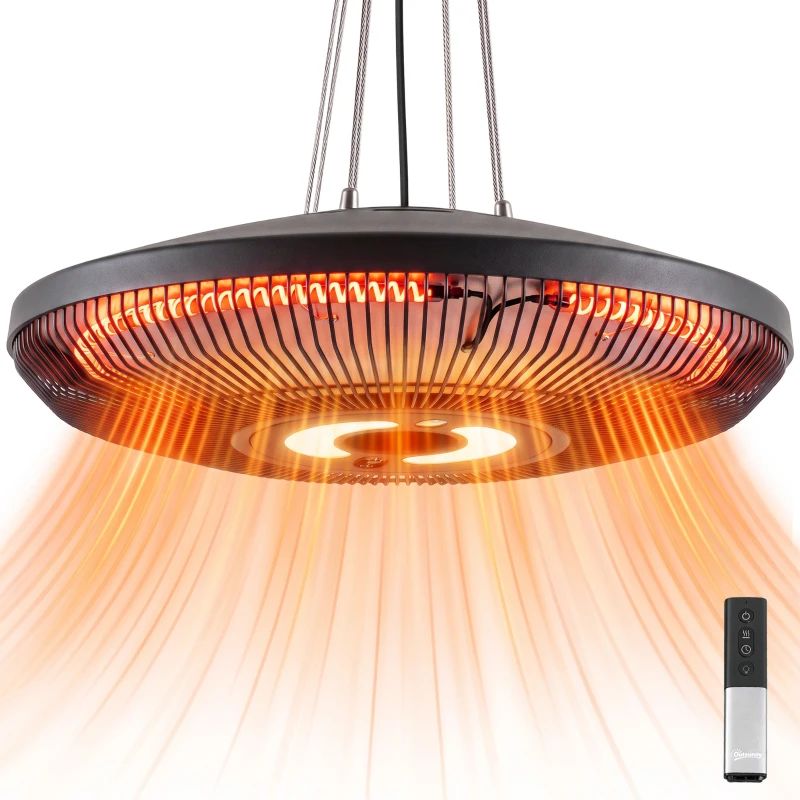 Outsunny Electric Hanging Patio Heater with LED Light, 750/1500 W IP65 Ceiling Mounted Infrared Outdoor Heater, Black