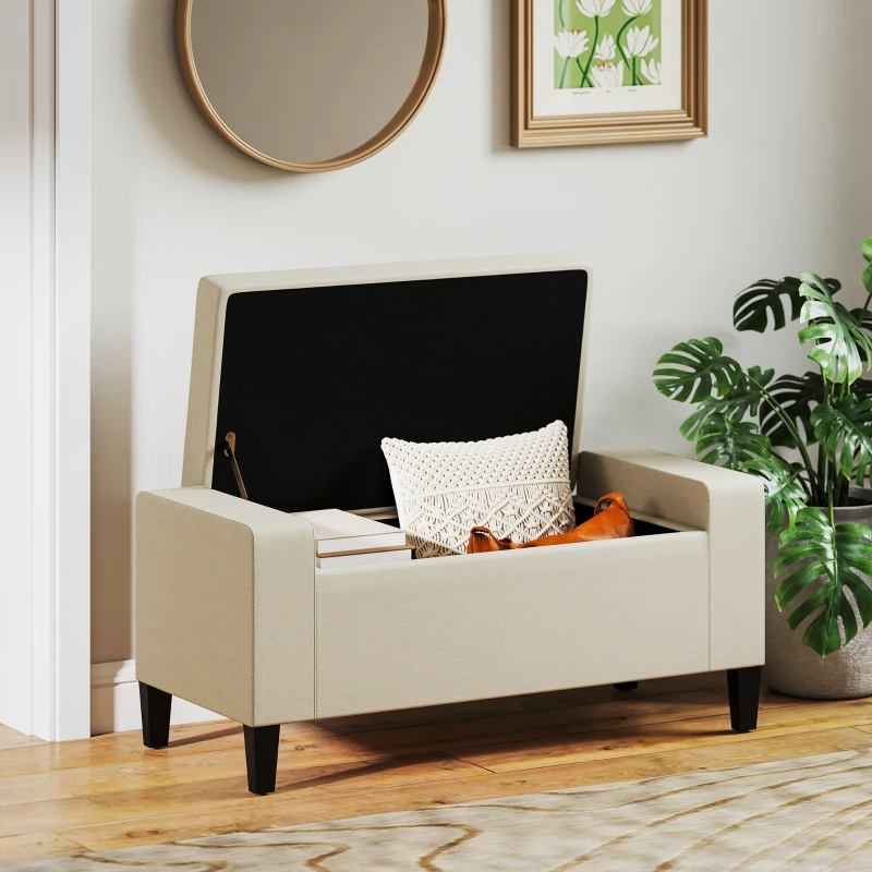 HOMCOM 36" Storage Ottoman Bench, Linen-Look Fabric End of Bed Bench with Solid Wood Frame and Legs, Tufted Storage Chest, Footrest for Living Room, Bedroom, Entryway, Beige