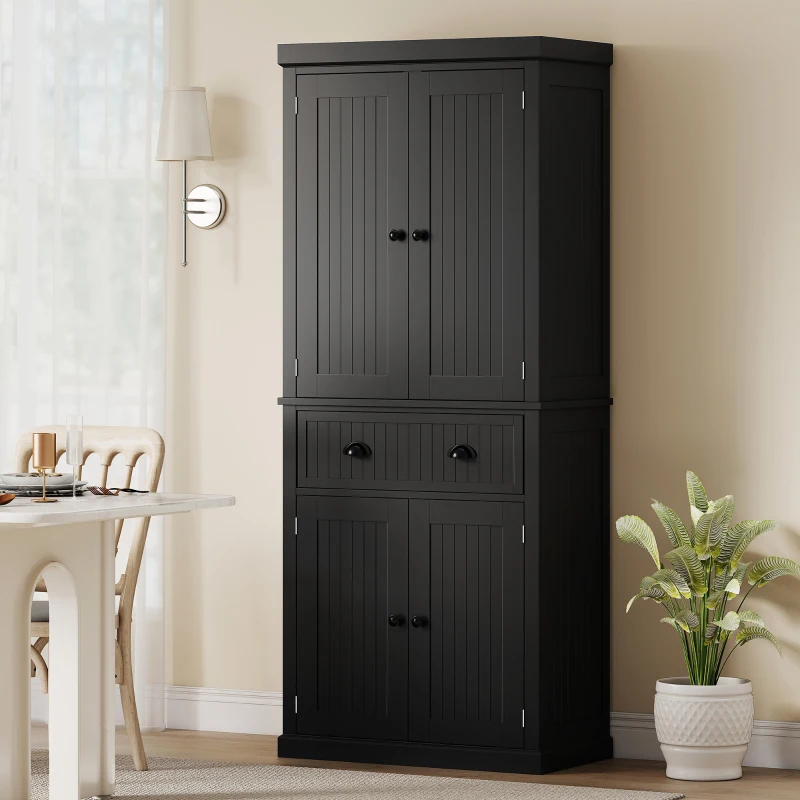 HOMCOM 72" Tall Kitchen Pantry Cabinet, Modern Buffet Storage Cabinet with 4 Beadboard Doors, Drawer and Adjustable Shelves, Black