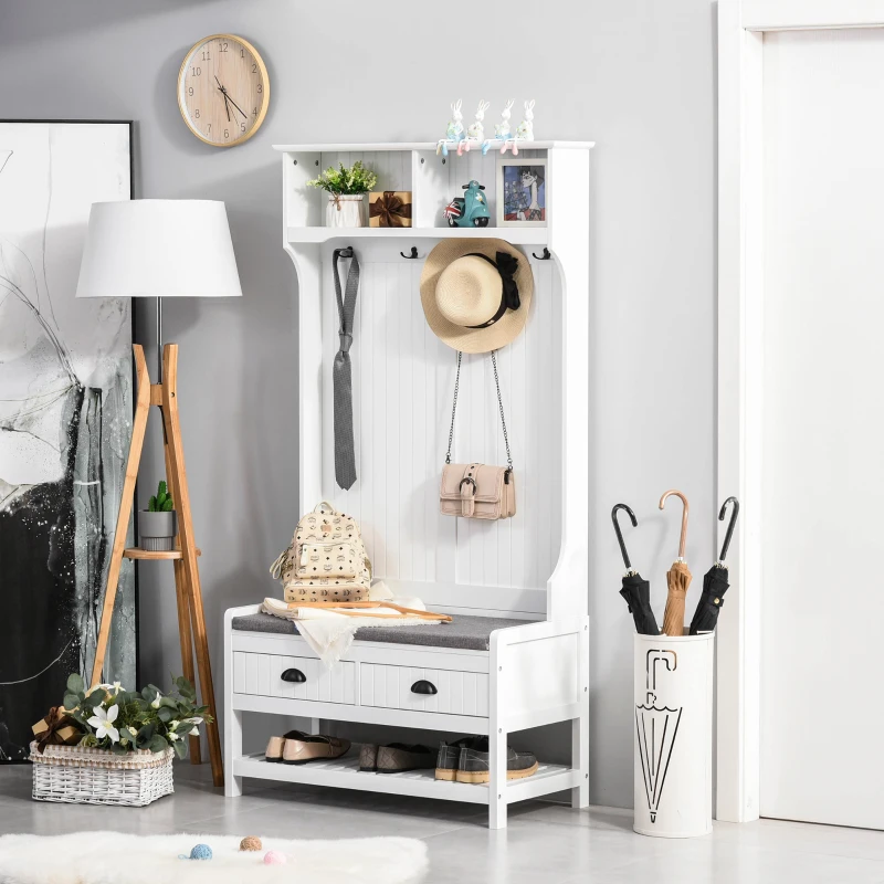 HOMCOM Coat Rack Shoe Bench, Hall Tree with Bench and Shoe Storage, Entryway Bench with 4 Hooks, 2 Drawers, 2 Shelves, White
