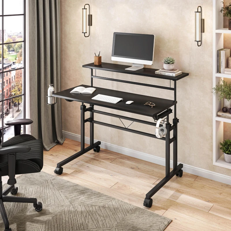 Mobile Writing Desk with Height Adjustment and Headphone Hook, Compact Worktable for Offices and Study Rooms, 35″ L x 23.5″ W x 28″ H, Black