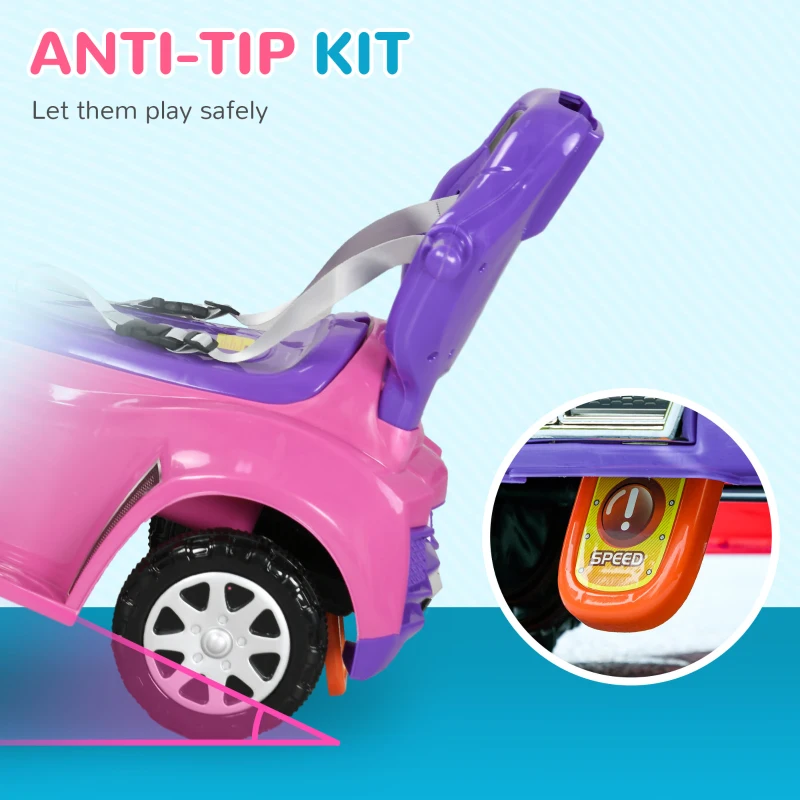 Qaba 3 in 1 Push Car Sliding Car with Removable Handle, Music, Horn, Canopy, Safety Guardrail, Pink